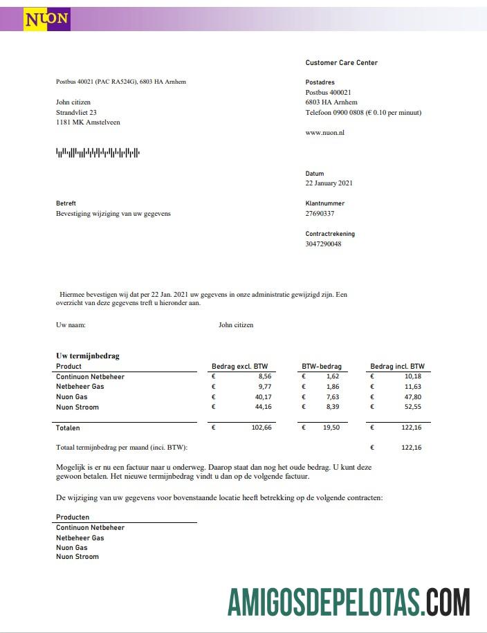 Em branco modelo de fatura de serviços públicos de gás NUON da Holanda em formato Word e PDF em holandês